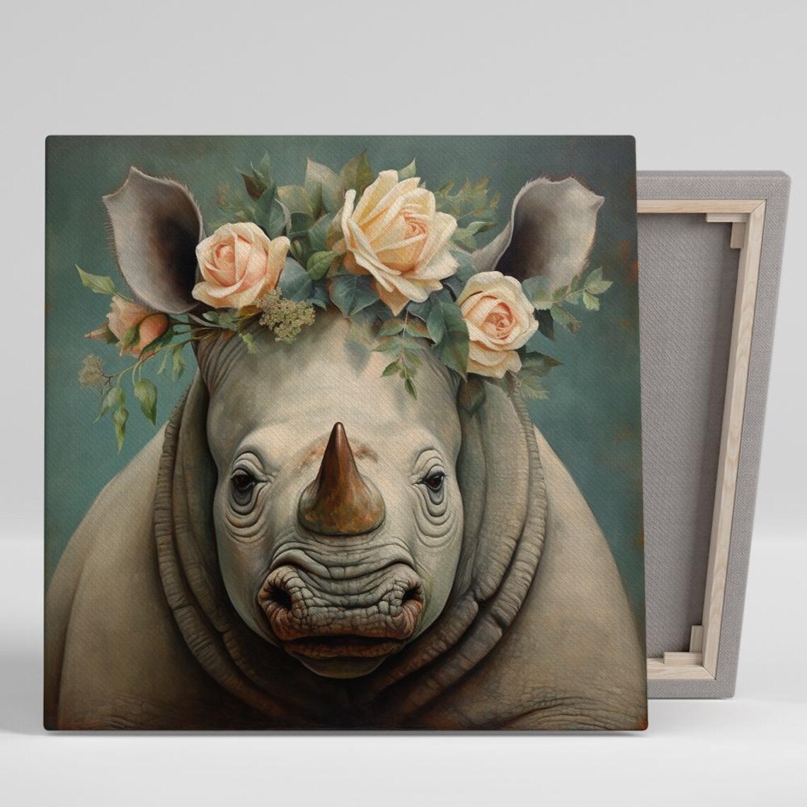 Rhino With Peach Rose Floral Crown Teal Background Whimsical Poster