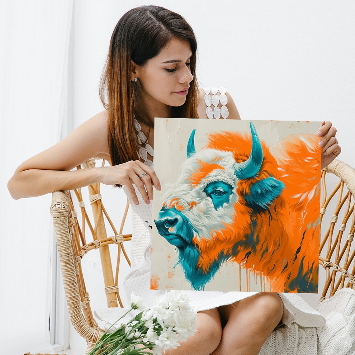 Bison Portrait Orange Teal White Modern Painterly Wildlife Poster - Image 3
