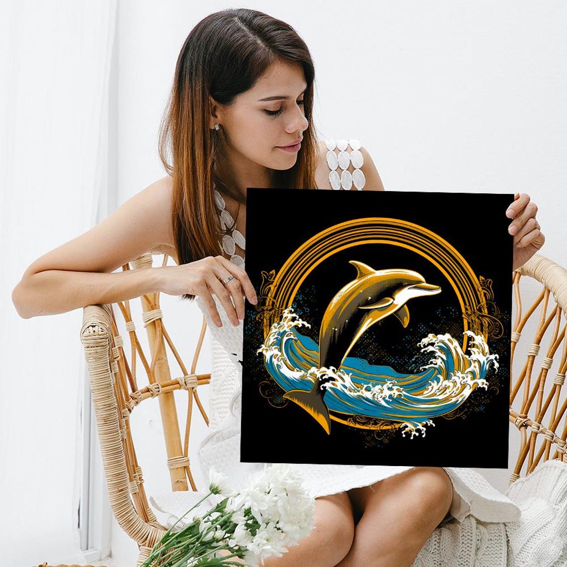 Golden Dolphin Leaping Ocean Wave Black Background Elegant Art Poster - Image 3