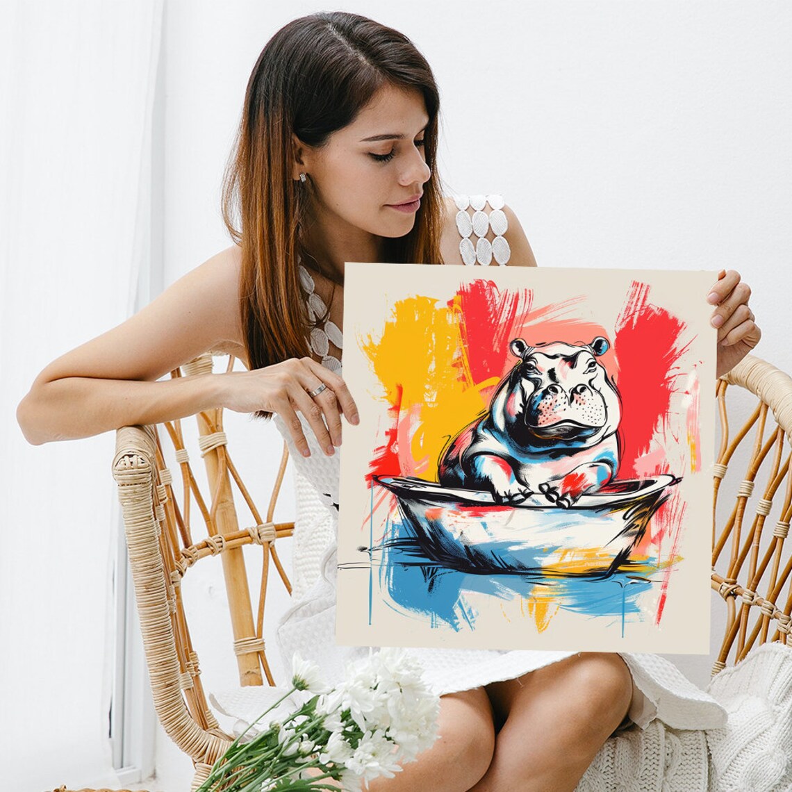 Hippo Relaxing In Bathtub Sketchy Pop Art Red Blue Yellow Art Poster - Image 3