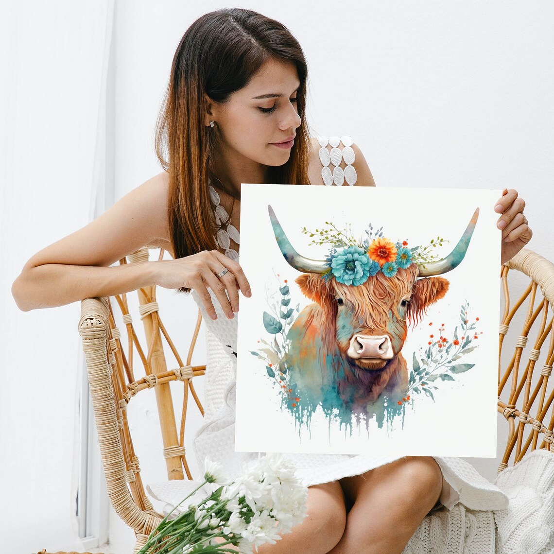 Highland Cow With Flower Art Print, Farm Animal - Image 5