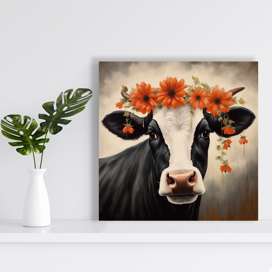 Black and White Cow Orange Flower Crown Rustic Farmhouse Poster - Image 2