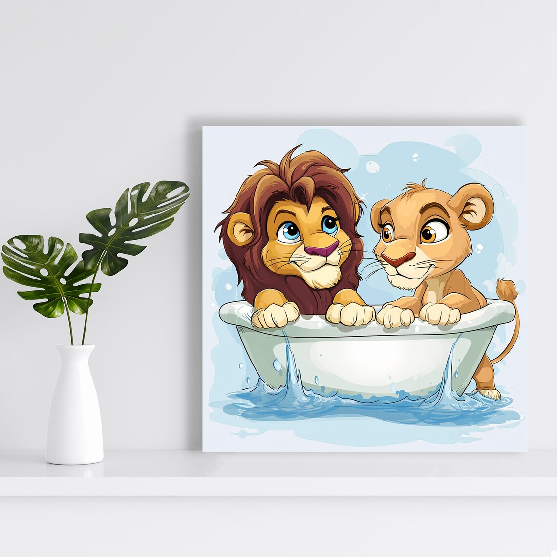 Two Lions In Bathtub Poster Cute Cartoon Lions Nursery Bathroom Wall Art - Image 2