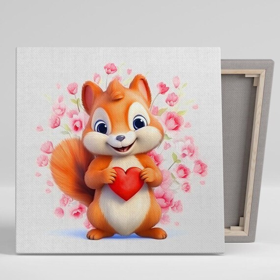 Cute Squirrel Holding Red Heart Pink Flowers Sweet Nursery Wall Poster
