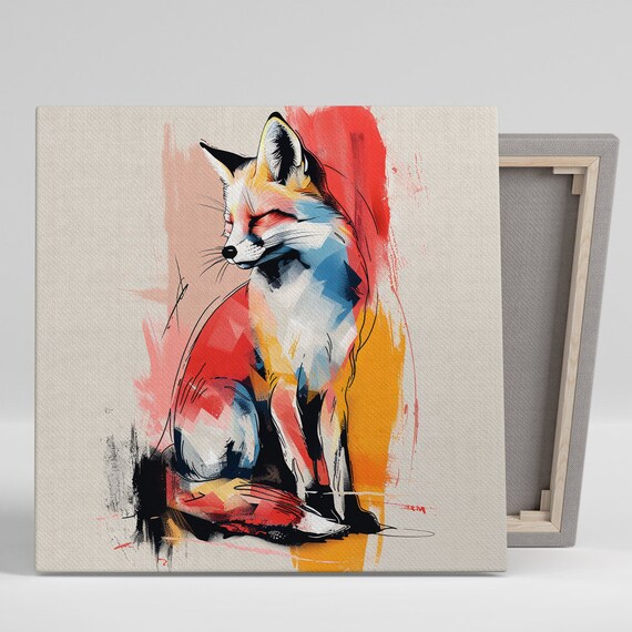 Sleeping Fox Watercolor Red Blue Yellow Brushstroke Modern Animal Poster