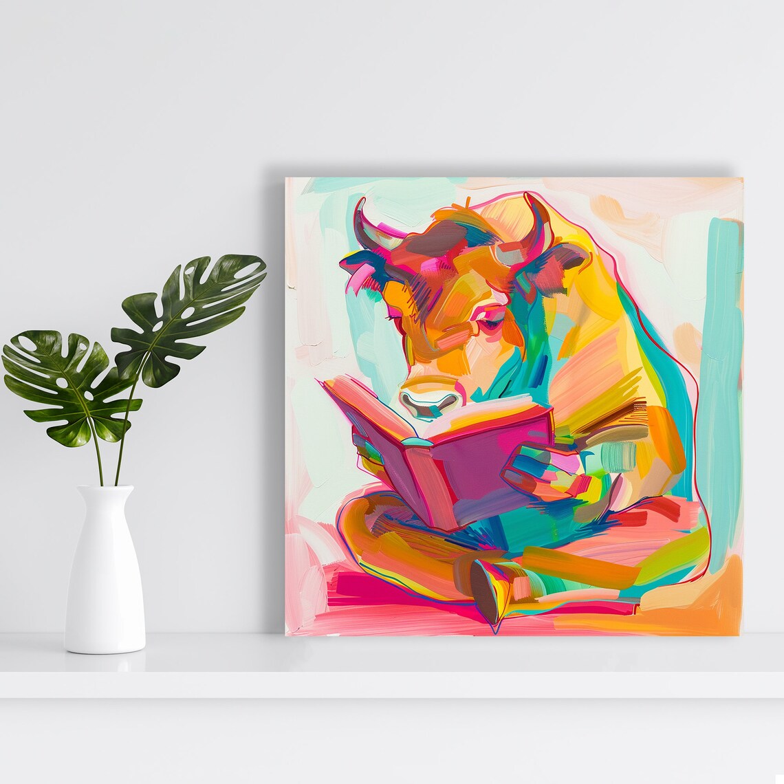 Whimsical Cow Reading Book Colorful Abstract Pastel Literary Wall Poster - Image 2