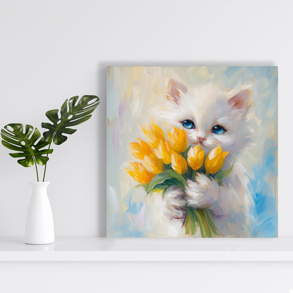 Tulip Loving Kitten Art Print, Whimsical Decor - Image 2