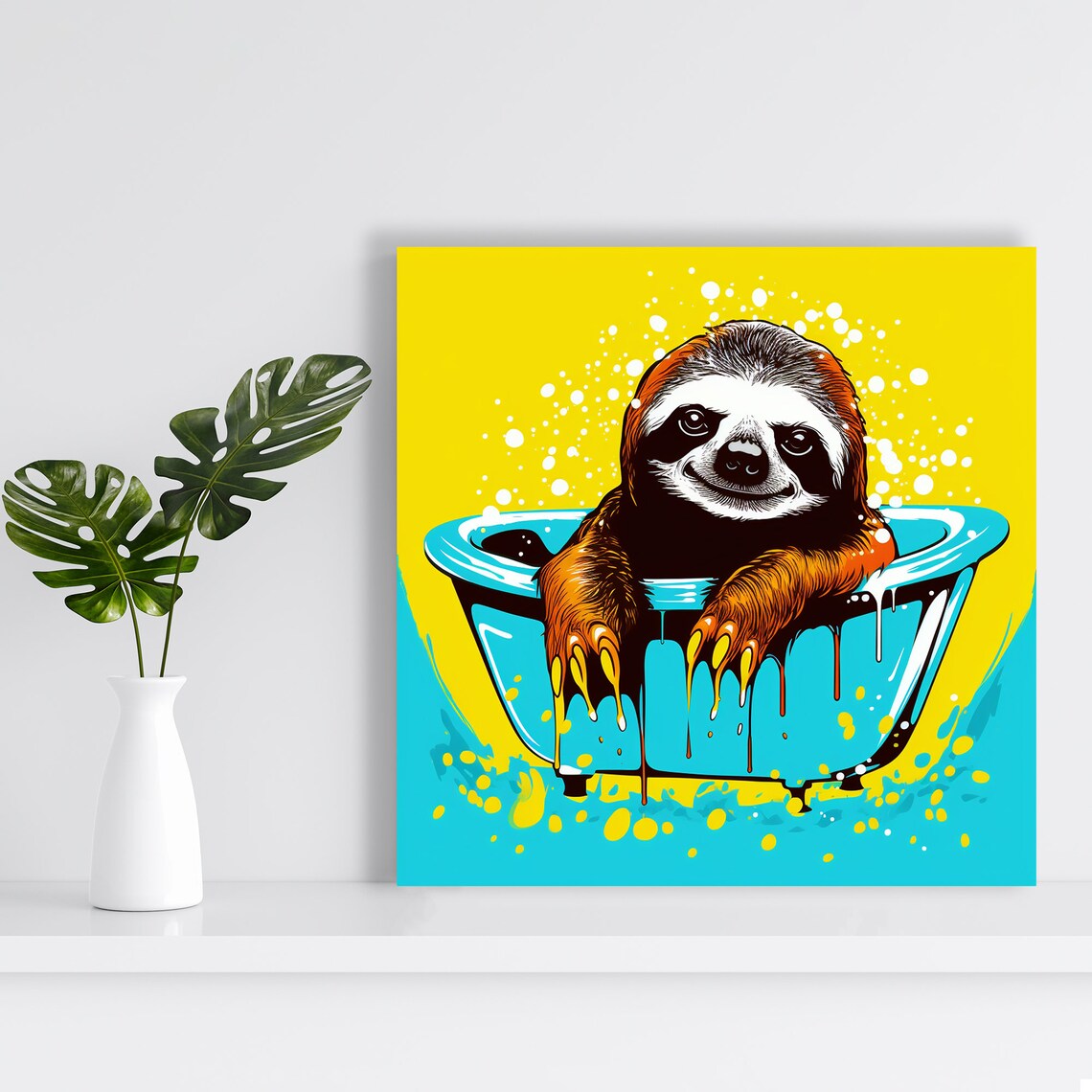 Smiling Sloth Bathing In Blue Tub Bold Yellow Pop Art Bathroom Wall Poster - Image 2