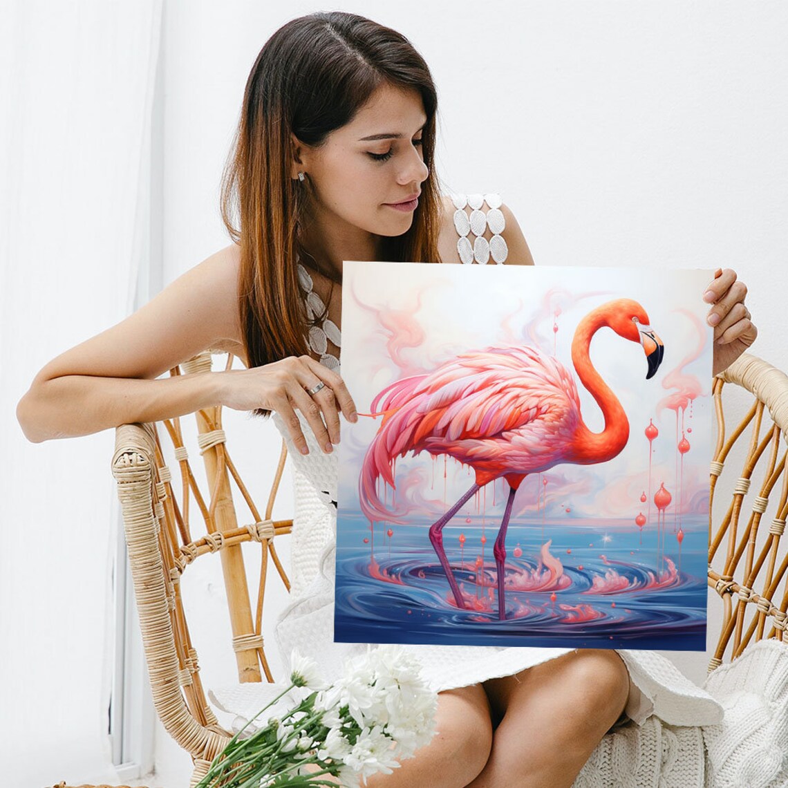 Pink Flamingo Standing In Blue Water Dreamy Tropical Bird Poster - Image 3