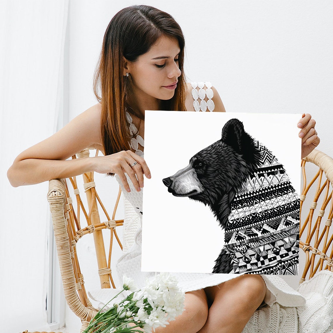 Geometric Bear Profile Poster Black White Tribal Line Art Decor - Image 3