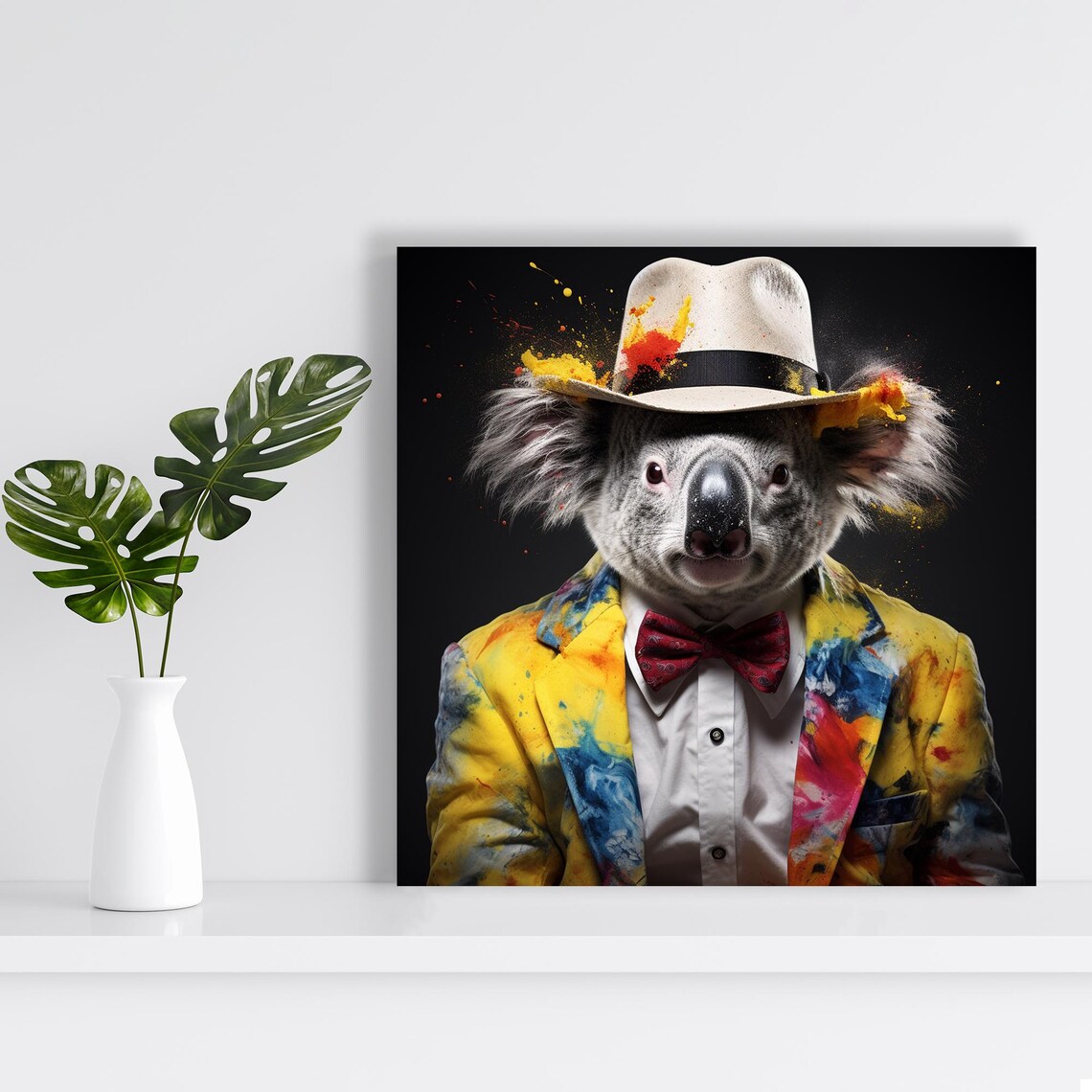 Dapper Koala Gentleman Fedora Bow Tie Paint Splatter Jacket Black Wall Poster - Image 2