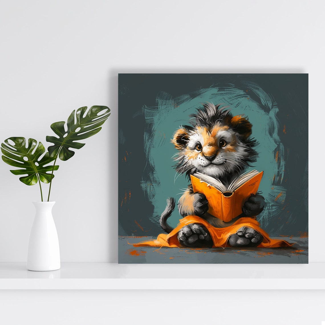 Kitten Reading Book Poster Cozy Orange Library Whimsical Cat Decor - Image 2
