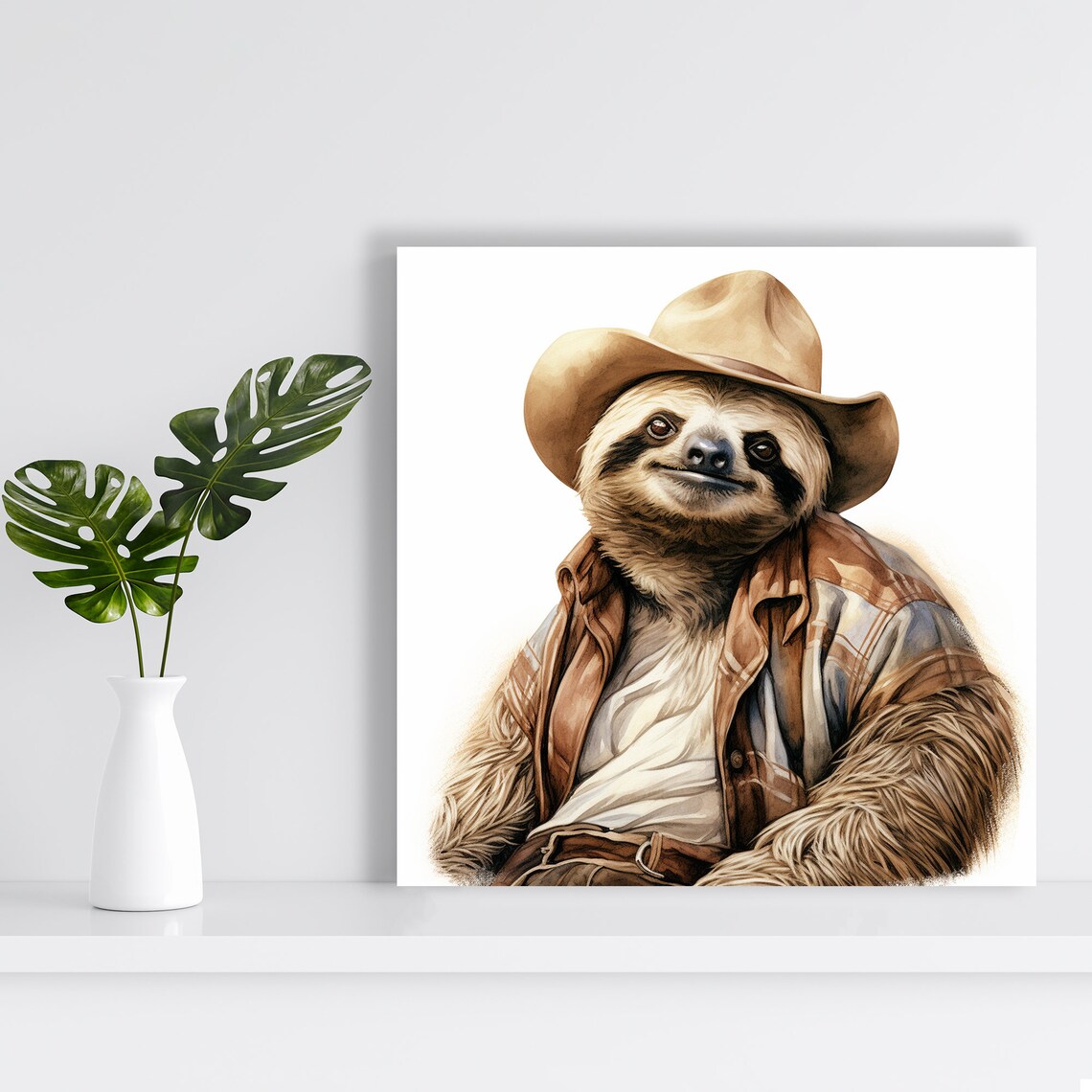 Sloth Wearing Cowboy Hat Plaid Shirt Whimsical Watercolor Western Poster - Image 2