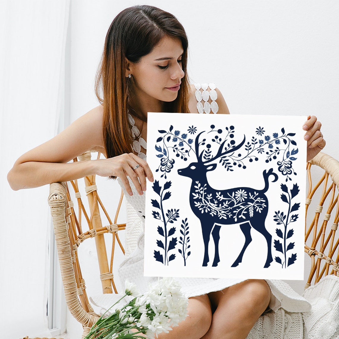 Navy Deer Silhouette Botanical Folk Art Cream Minimalist Poster - Image 3