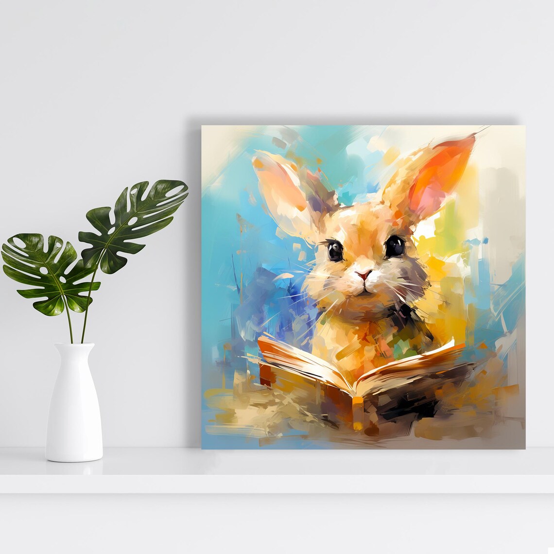 Bunny Reading Book Colorful Watercolor Whimsical Animal Nursery Art Poster - Image 2