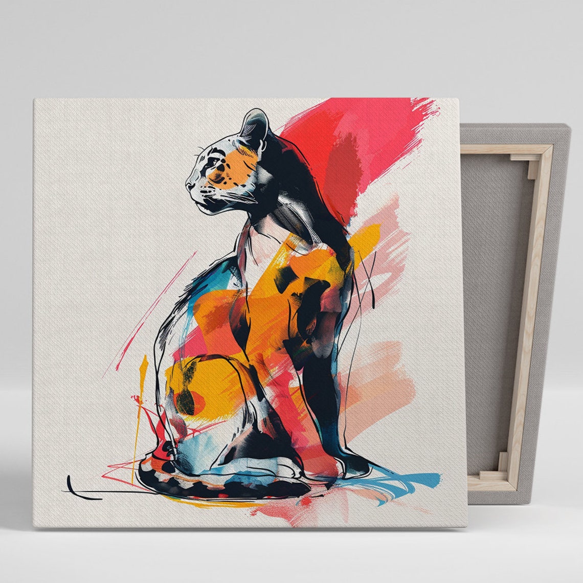 Seated Tiger Watercolor Splash Orange Red Blue Abstract Animal Poster