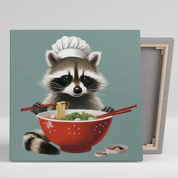 Raccoon Chef Eating Ramen with Chopsticks Funny Kitchen Wall Poster