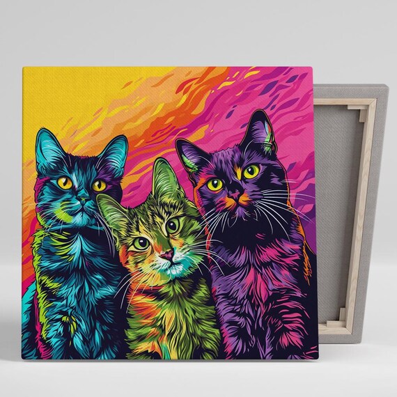 Psychedelic Cat Trio Neon Pop Art Multicolor Vibrant Funny Cat Wall Art Poster