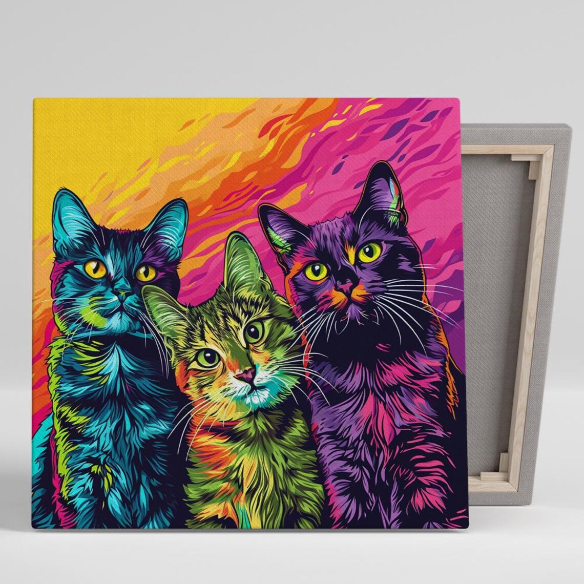 Psychedelic Cat Trio Neon Pop Art Multicolor Vibrant Funny Cat Wall Art Poster