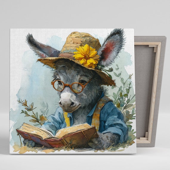 Scholarly Donkey Art Or Poster Whimsical Rustic Decor Library Office Childrens Room Living Room Wall Art Brown Blue Yellow Grey