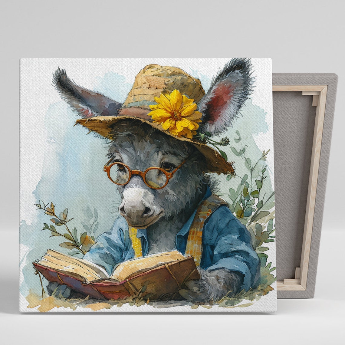 Scholarly Donkey Poster Straw Hat Glasses Reading Book Whimsical Decor