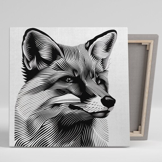 Fox Face Line Art Engraving Black White Minimalist Animal Portrait Print