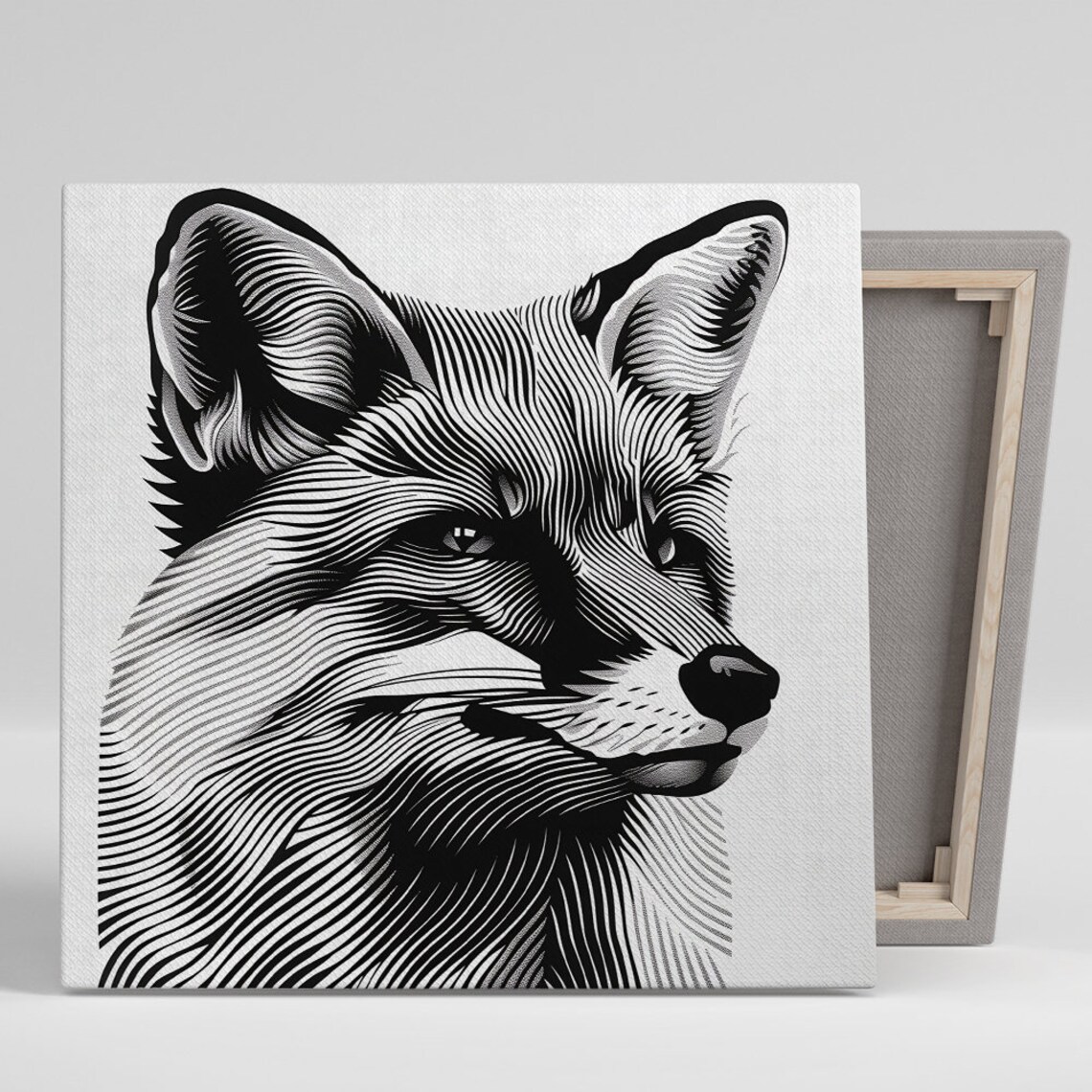 Fox Face Line Art Engraving Black White Minimalist Animal Portrait Print