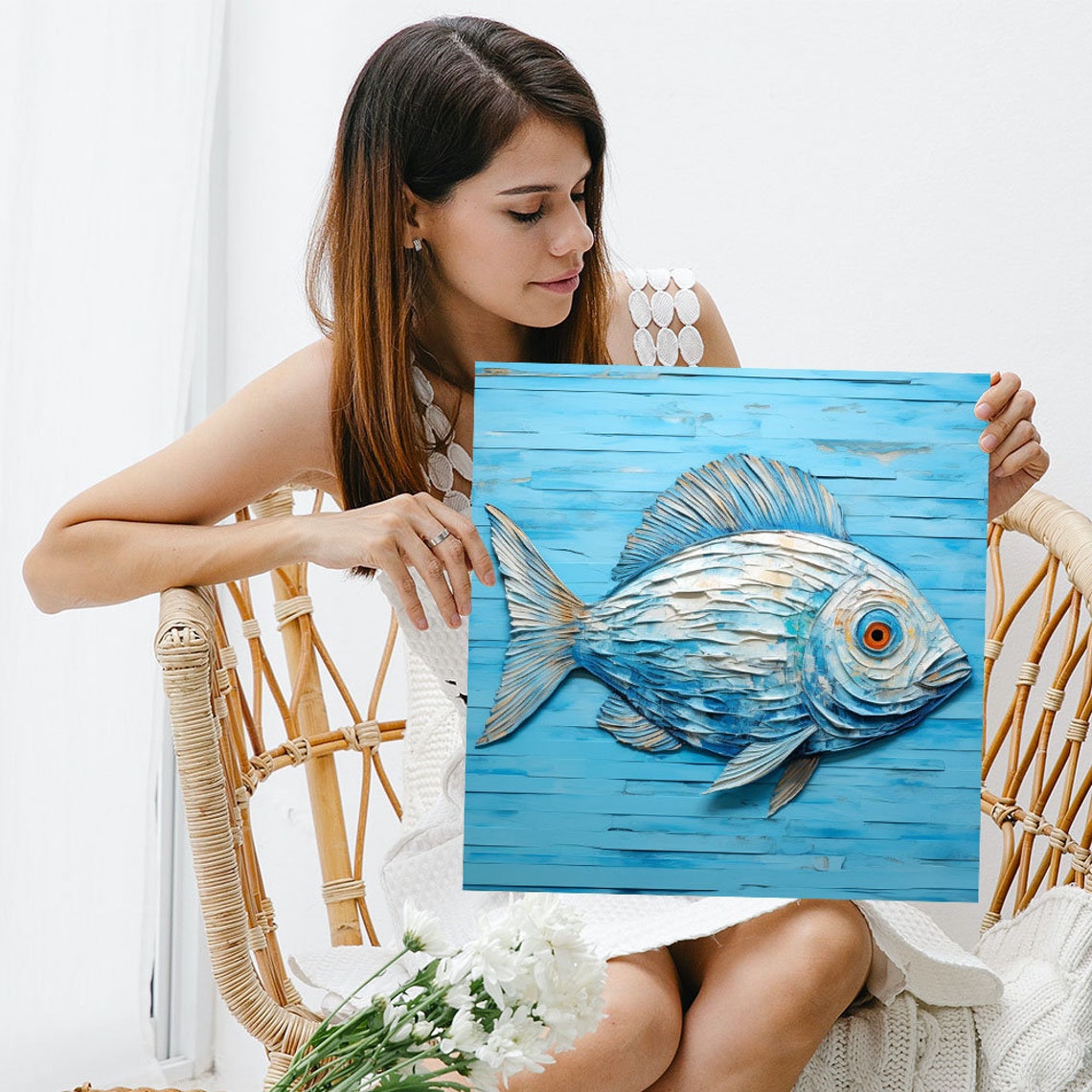 Blue And White Fish Paper Art Coastal Textured Ocean Wall Art Poster - Image 5