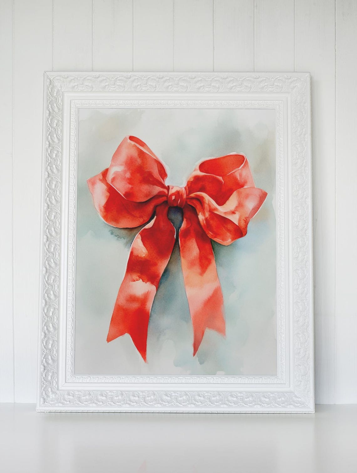 Coral Red Ribbon Bow On Blue Gray Watercolor Wash Holiday Poster - Image 2