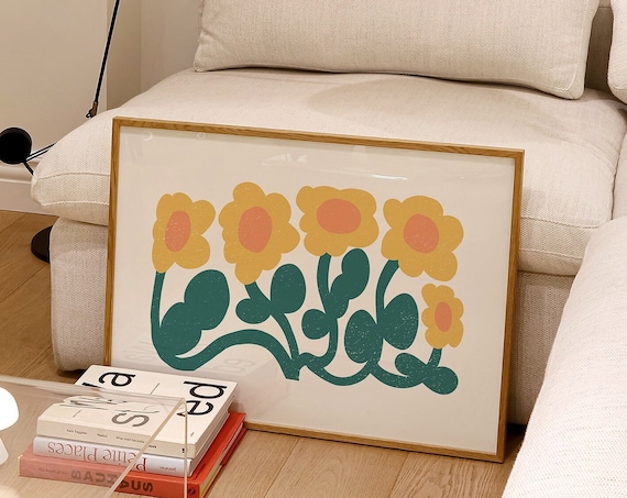 Yellow Daisy Flowers Green Stems Matisse Style Retro Floral Wall Art