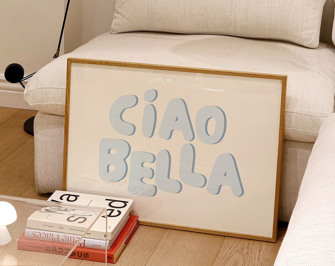 Ciao Bella Blue Bubble Letters Italian Retro Typography Fun Wall Art