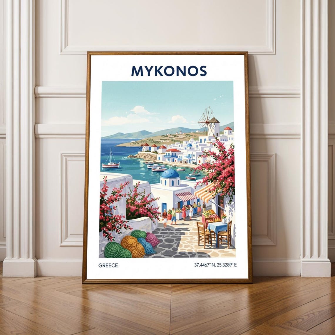 Mykonos Greece Whitewashed Town Windmill Coastal Travel Poster