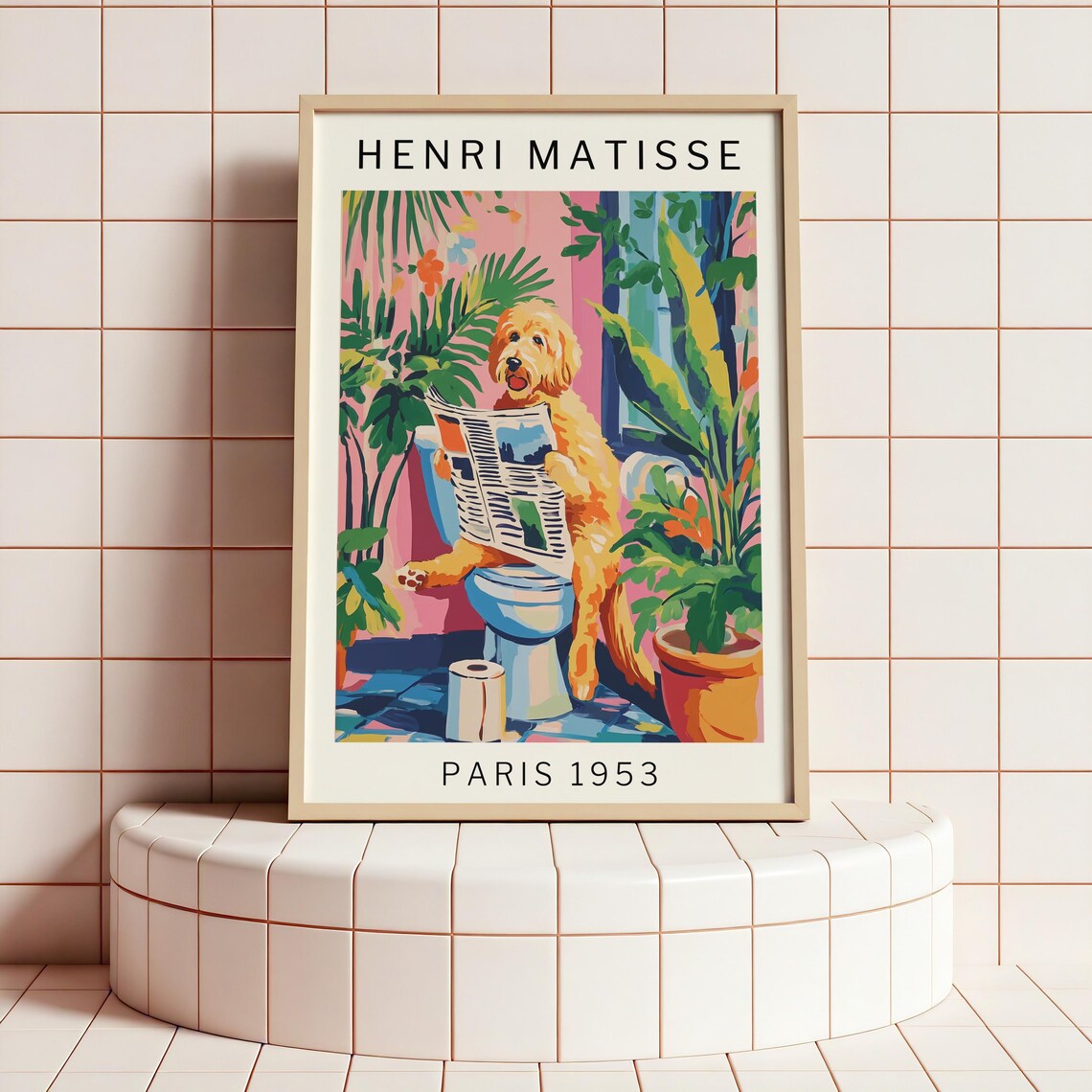 Quirky Dog Bathroom Wall Poster, Matisse-Inspired