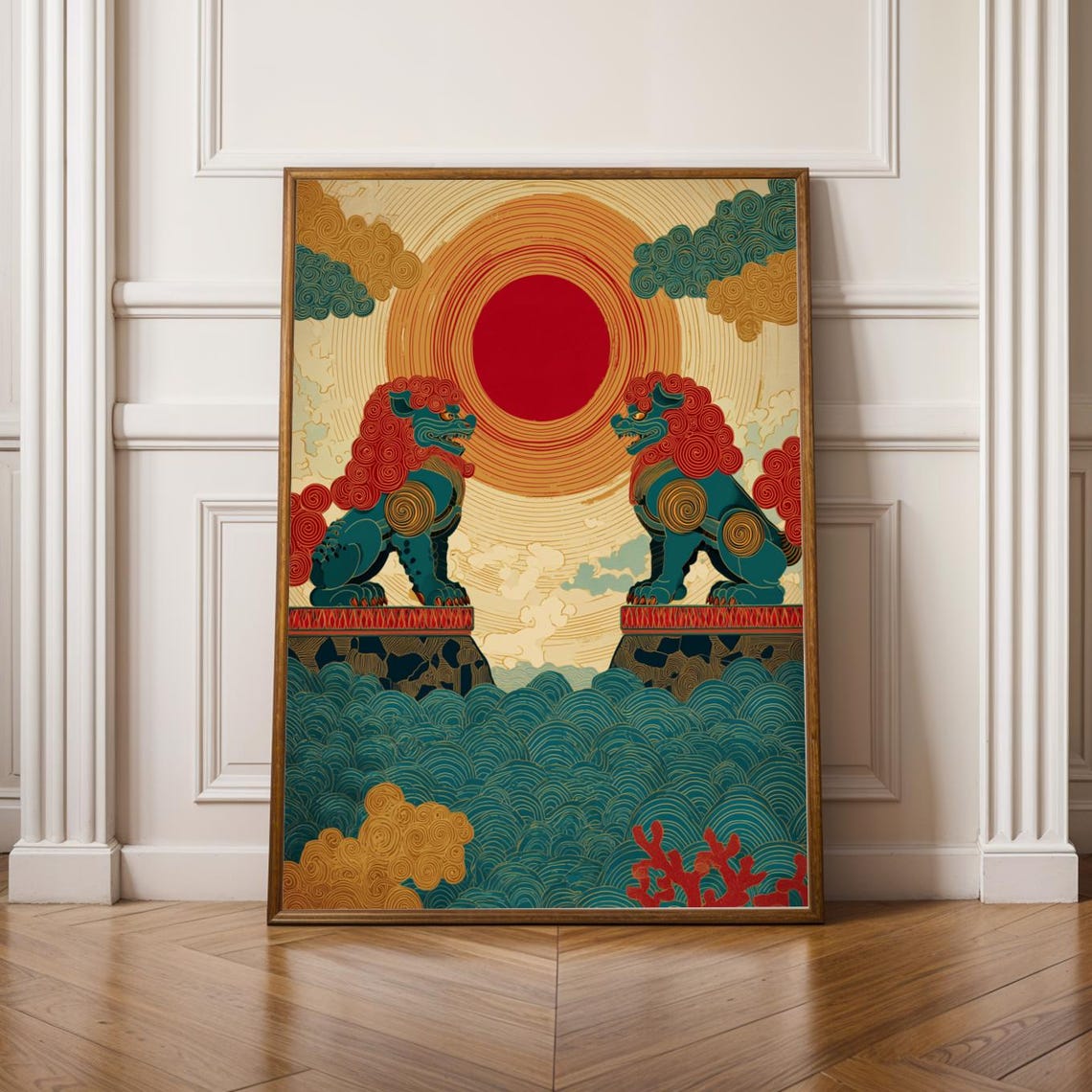 Guardian Lions Okinawa Japanese Sun Waves Illustration Art Poster