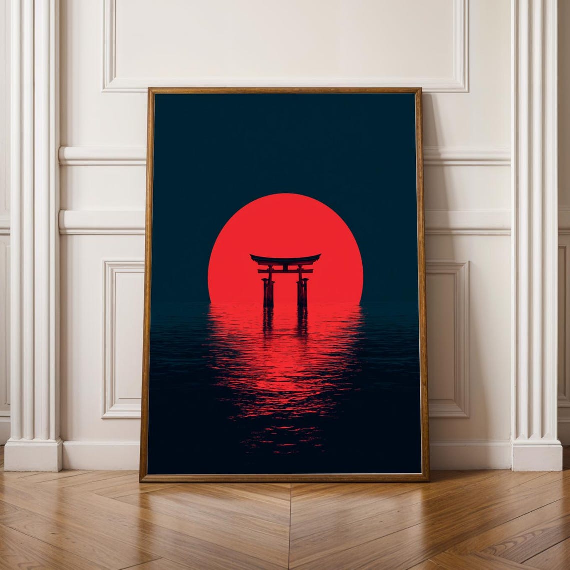 Torii Gate Japanese Red Sun Minimalist Water Reflection Art Poster