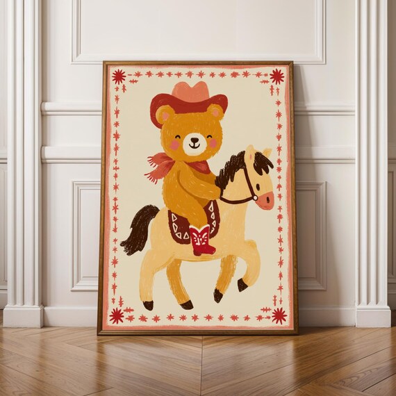 Smiling Cowboy Bear In Red Boots Riding Horse Nursery Poster