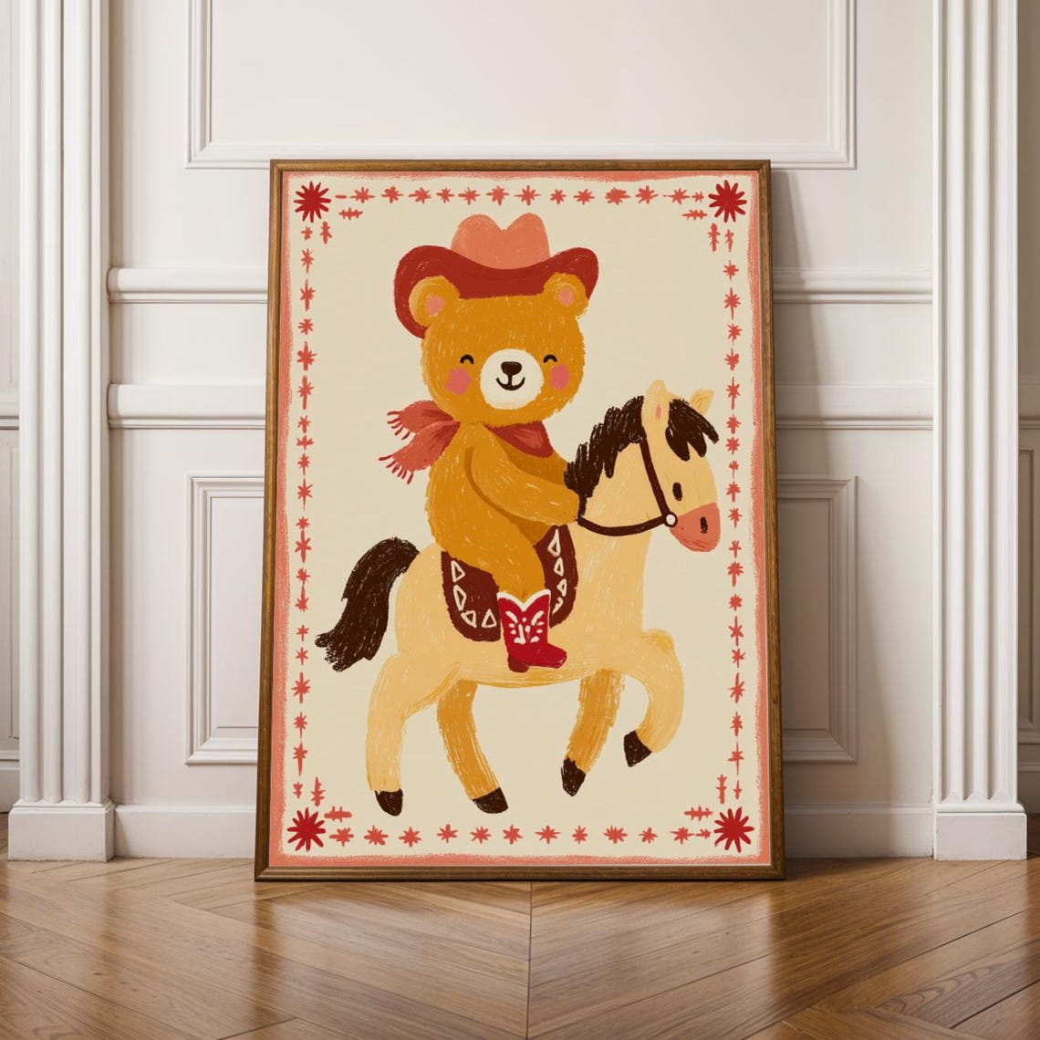 Smiling Cowboy Bear In Red Boots Riding Horse Nursery Poster