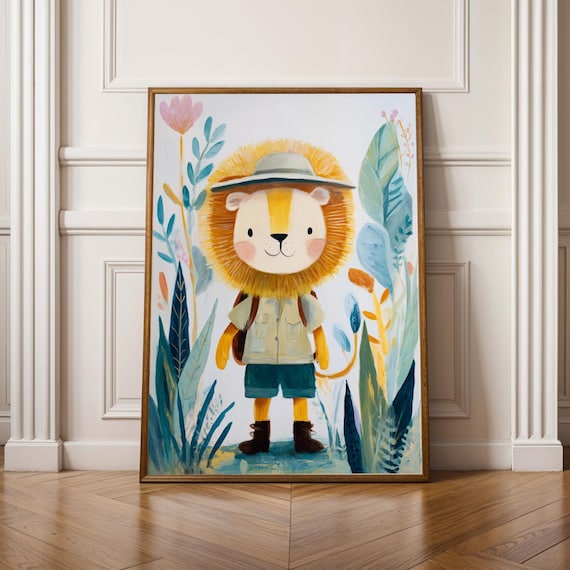 Safari Explorer Lion Vintage Gouache Painting Art Print Yellow Teal Decor Nursery Wall