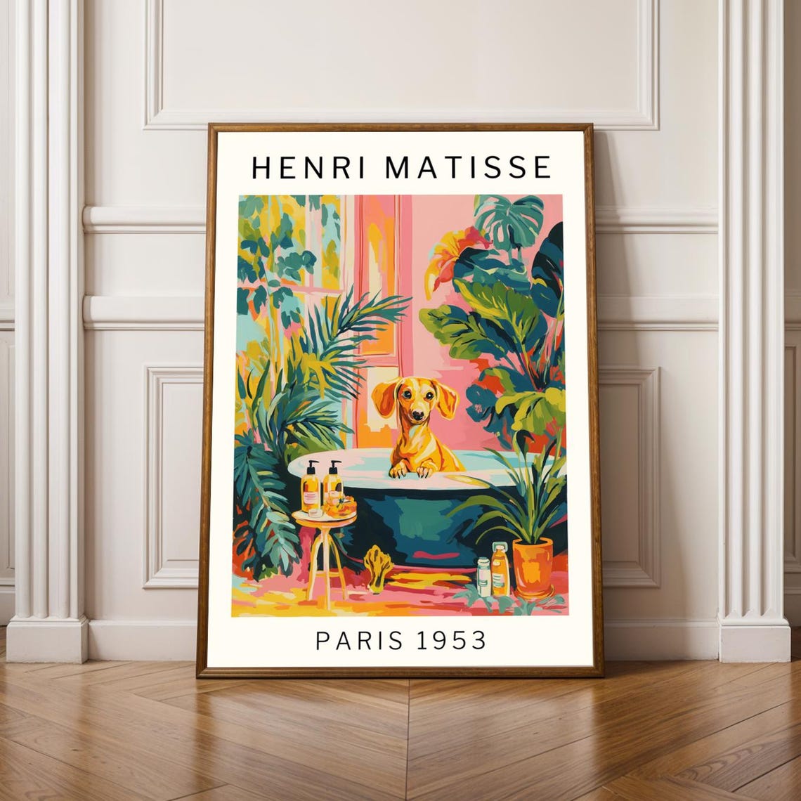 Henri Matisse Style Dachshund Teal Bathtub Tropical Plants Poster