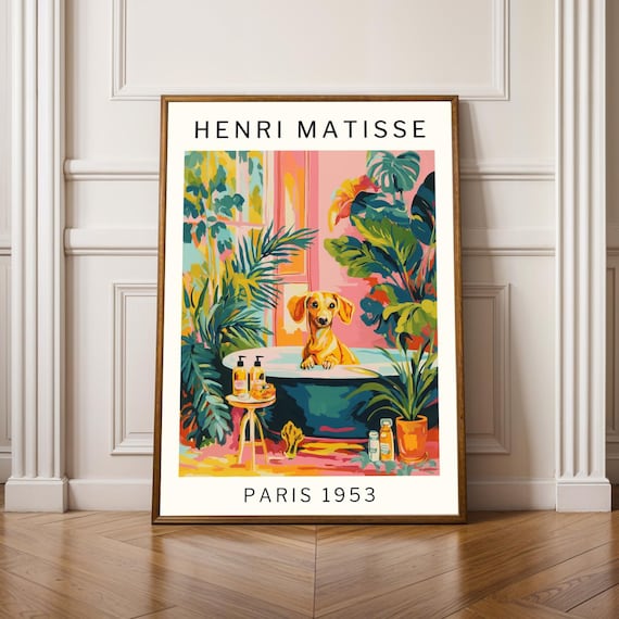 Henri Matisse Style Dachshund Teal Bathtub Tropical Plants Poster