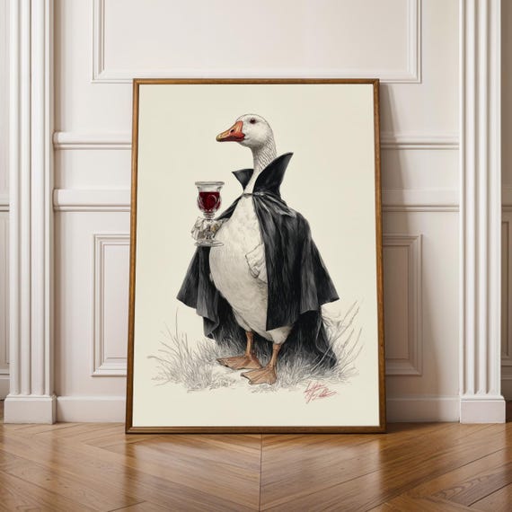 Halloween Goose Art Print Gothic Vampire Poster Whimsical Animal Illustration Silly Wall Decor Funny Home