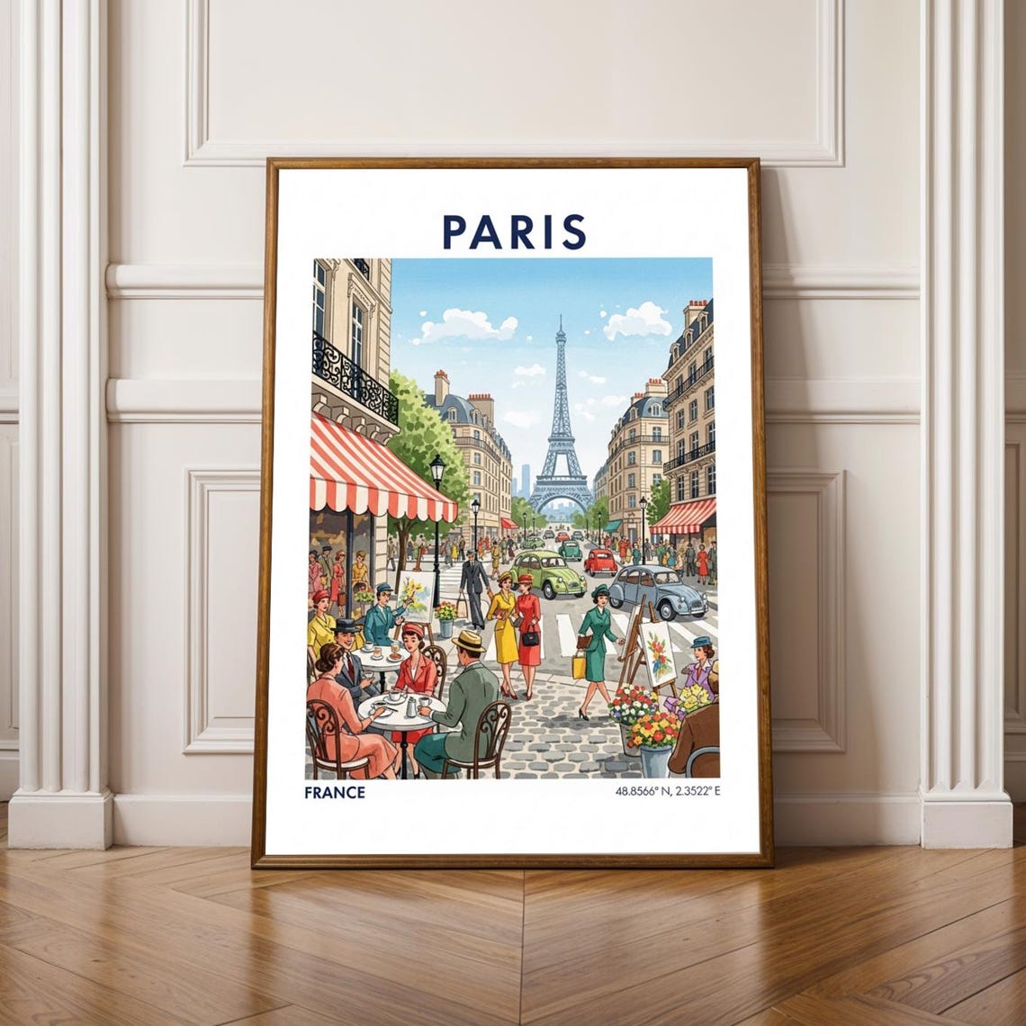 Paris Eiffel Tower Street Cafe Vintage Scene France Travel Poster