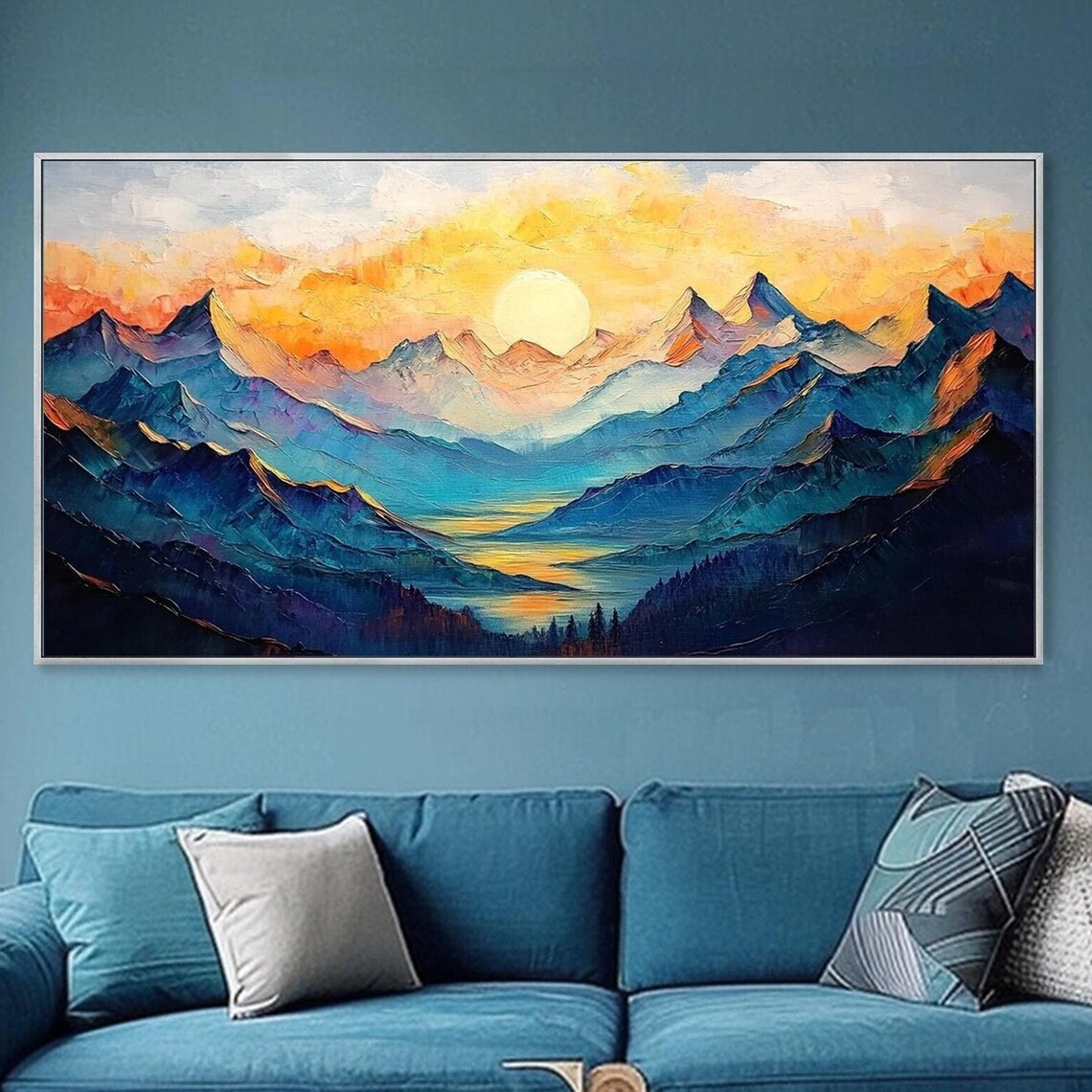 Sunrise Blue Mountain Ranges Golden Sky Impasto Landscape Art Poster
