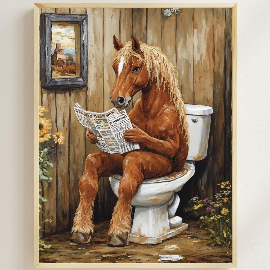 Horse Reading a Newspaper on the Toilet Rustic Farmhouse Color Poster