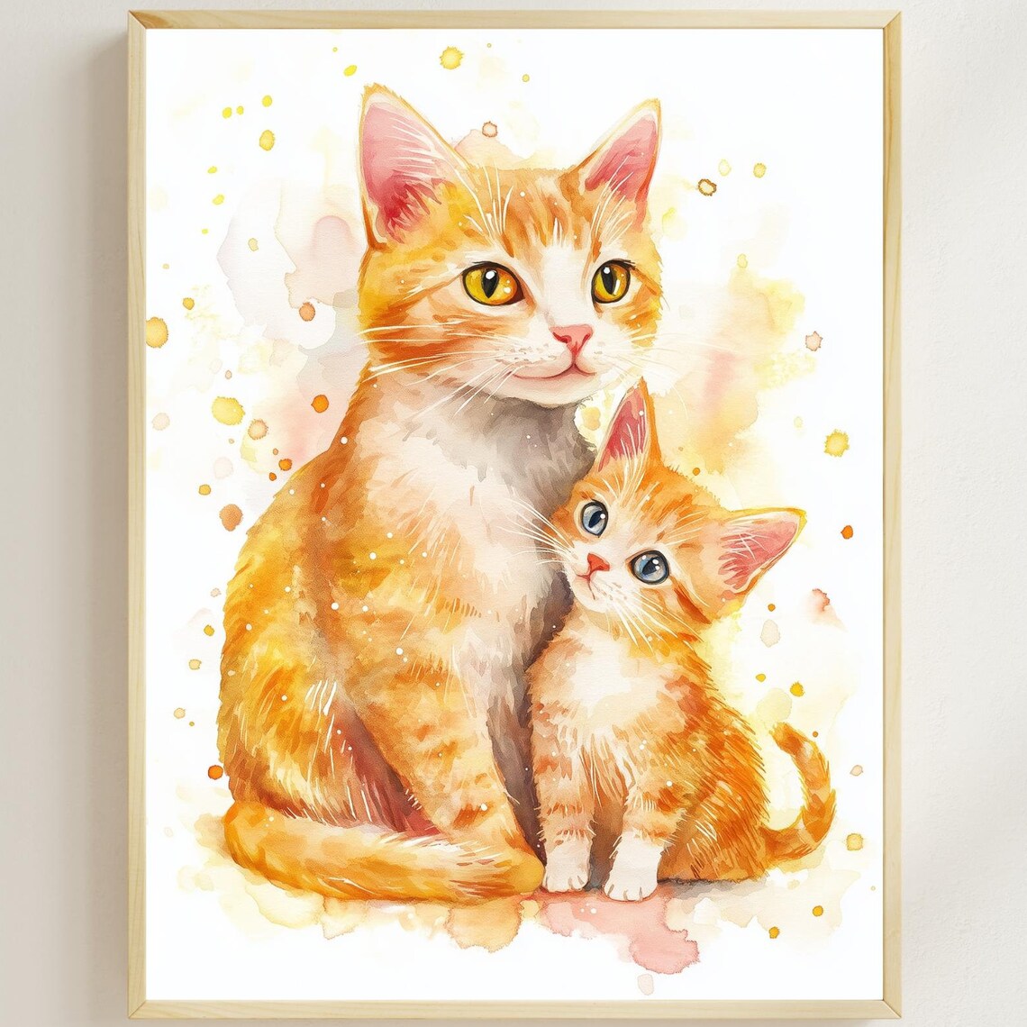 Orange Mama Cat and Kitten Cuddling Watercolor Nursery Room Poster