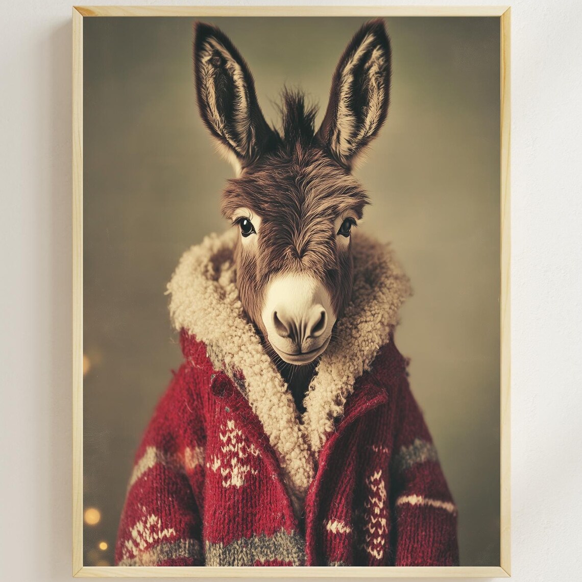 Donkey Wearing Red Knit Christmas Cardigan Cozy Holiday Poster