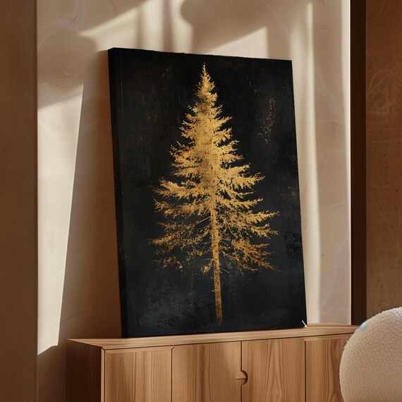 Elegant Golden Pine Tree Art Minimalist Forest Wall Decor Black And Gold Nature Inspired Artwork For Modern Interiors