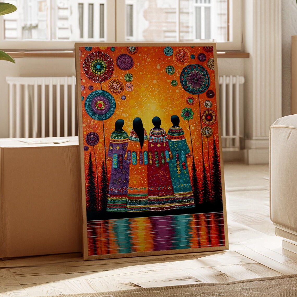 Four Native Women Spiritual Sunset Over Tribal Water Art Poster