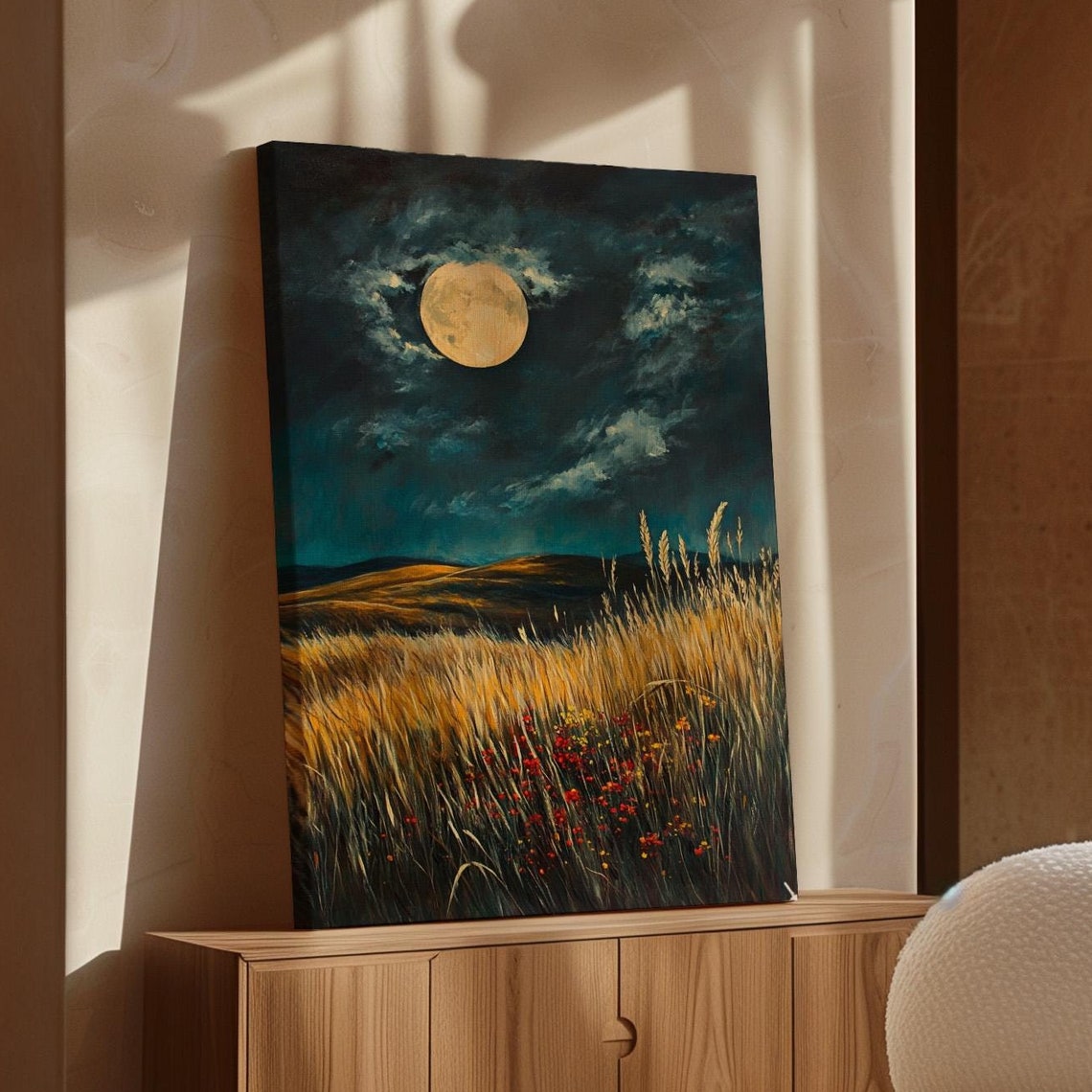 Golden Wheatfield Wildflowers Full Moon Cloudy Night Sky Poster