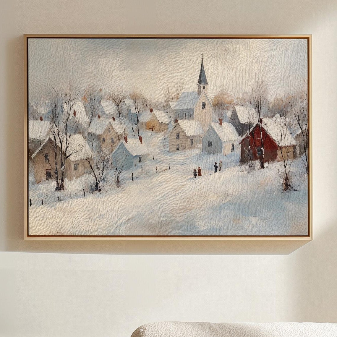 Snowy Village Church Steeple Winter Landscape Rustic Wall Art